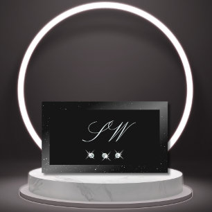 Noble Shimmery Black Sparkling Diamonds Monogram Visitenkarte