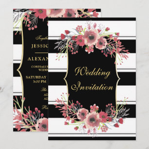 Noble Streifen-BlumenAquarell-Hochzeit Einladung