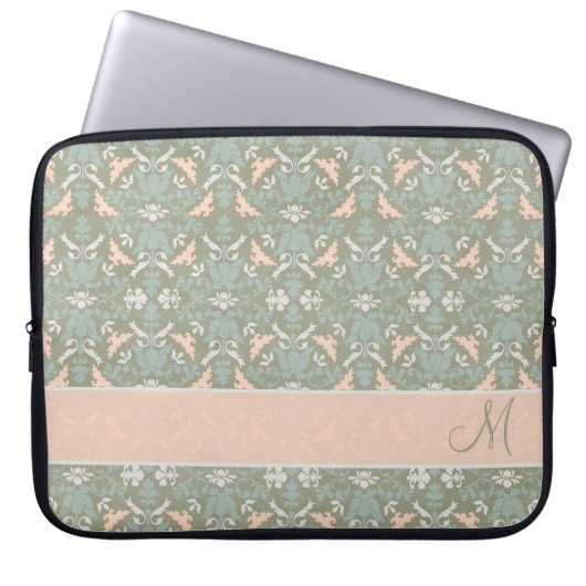 Nobler Blumenmonogramm-Damast Laptopschutzhülle (Vorderseite)