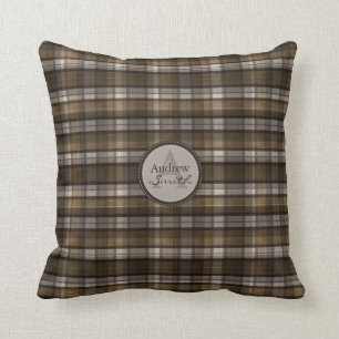 Nobles Kaffee-Brown kariertes Monogramm Kissen