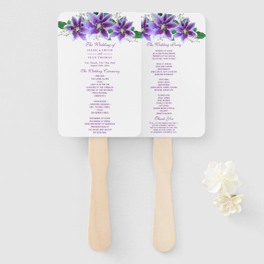 Nobles schickes Clematis-Hochzeits-Programm Fächer (Vorne und Hinten)