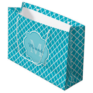 Nobles Türkis-Blau Quatrefoil Monogramm und Name Große Geschenktüte
