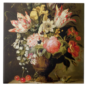 Noch Leben der Blumen in einem Vase mit einer Fliese