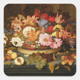 Noch Leben der Frucht und des Korbes der Blumen Quadratischer Aufkleber