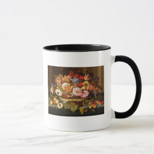 Noch Leben der Frucht und des Korbes der Blumen Tasse