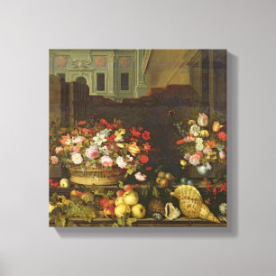 Noch Leben mit Blumen, Früchten und Muscheln Leinwanddruck