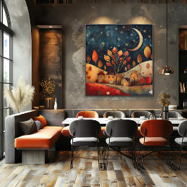 Noche Estrellada: Paisaje Folk y Naive Colorido Poster