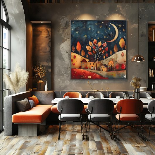 Noche Estrellada: Paisaje Folk y Naive Colorido Poster