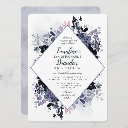 Nocturnal floral Dusty Blue Diamond Frame Wedding Einladung (Vorne/Hinten)