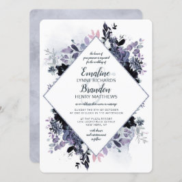 Nocturnal floral Dusty Blue Diamond Frame Wedding Einladung