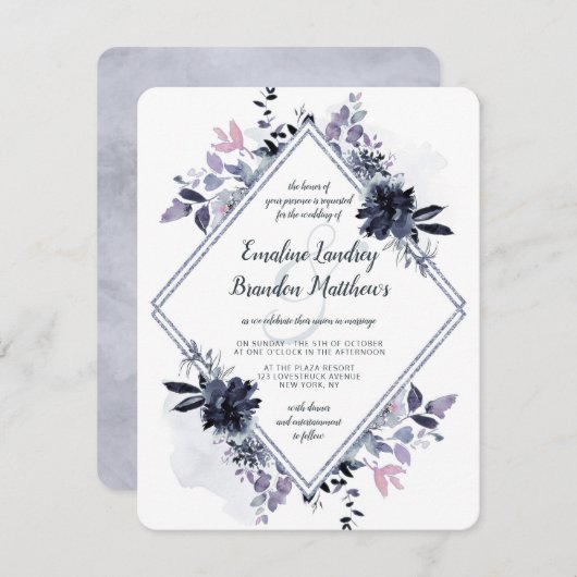 Nocturnal Floral Dusty Blue Diamond Wedding Einladung (Vorne/Hinten)
