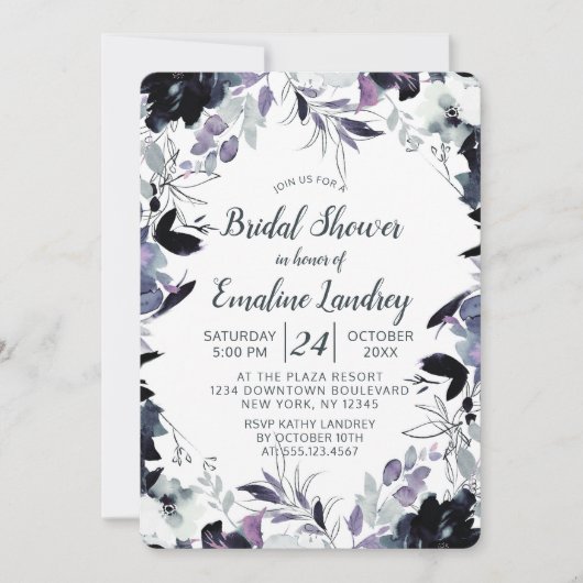 Nocturnal Floral Dusty Blue Wedding Brautparty Einladung (Vorderseite)