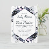 Nocturnal Floral Navy Blue & Gray Baby Girl Dusche Einladung (Stehend Vorderseite)