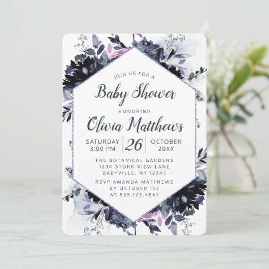 Nocturnal Floral Navy Blue & Gray Baby Girl Dusche Einladung (Stehend Vorderseite)