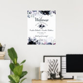 Nocturnal Floral Navy Blue Wedding Begrüßungszeich Poster (Heimbüro)