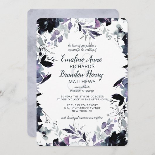 Nocturnal Floral Navy Dusty Blue Border Wedding Einladung (Vorne/Hinten)