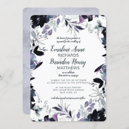 Nocturnal Floral Navy Dusty Blue Border Wedding Einladung