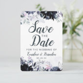 Nocturnal floral Navy Dusty Blue Brush Strokes Save The Date (Stehend Vorderseite)