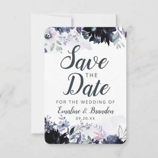 Nocturnal floral Navy Dusty Blue Brush Strokes Save The Date (Vorderseite)