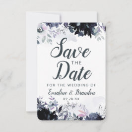 Nocturnal floral Navy Dusty Blue Brush Strokes Save The Date
