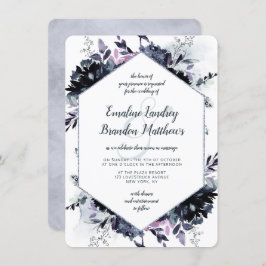 Nocturnal Floral Navy Dusty Blue Hexagon Hochzeit Einladung
