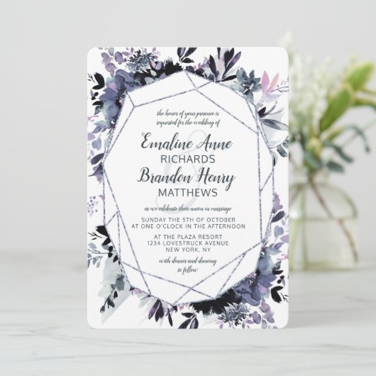 Nocturnal Floral Silver Gem Dusty Blue Wedding Einladung (Stehend Vorderseite)
