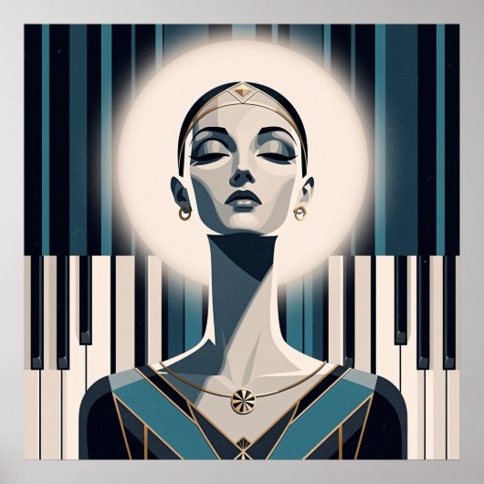 Nocturne in Teal: Art Deco Piano Portrait Poster (Vorne)