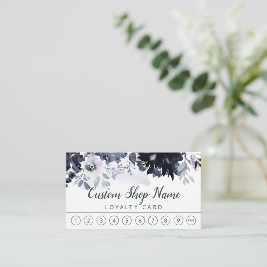 Nocturnous floral Navy Blue Custom Text Business Treuekarte (Stehend Vorderseite)