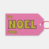 Noel 1970s Retro Lettering Pink and Lime Christmas Geschenkanhänger (Vorderseite (Horizontal))