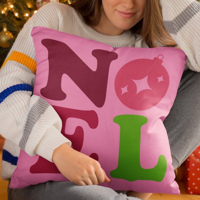 Noel Cute Festive Retro Christmas Pink Green Kissen (Pink and green and cherry red all combine in the hip typography of this retro Christmas pillow.)