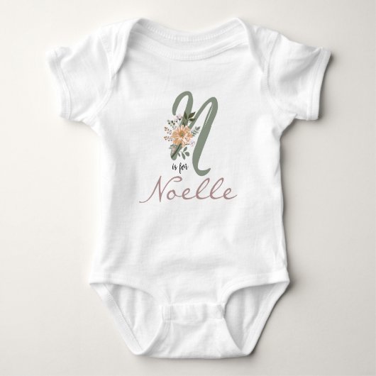 Noelle Name Reveal Blumenbrief N Girl Blume Baby Strampler (Vorderseite)