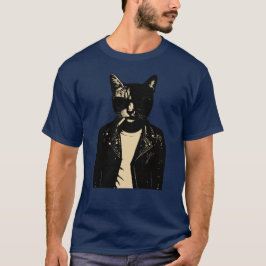 Noir Cat in Leather T-Shirt