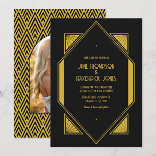 Noir & Champagne Gold Art Deco Hochzeitsfoto Einladung