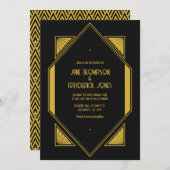 Noir & Champagne Gold Art Deco Wedding Photo Einladung (Vorne/Hinten)