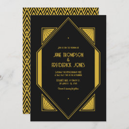 Noir & Champagne Gold Art Deco Wedding Photo Einladung