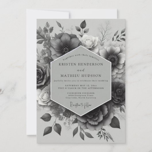 Noir Elegant Bloom Hochzeit Einladung (Vorderseite)