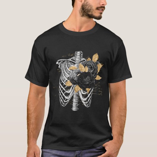 Noir Gothic Black Rose Gold Blätter torso T-Shirt (Vorderseite)