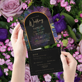 Noir Peacock Jewel Tones Floral Wedding All In One Einladung
