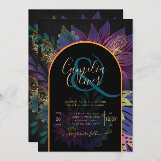 Noir Peacock Jewel Tones Floral Wedding Einladung (Vorne/Hinten)
