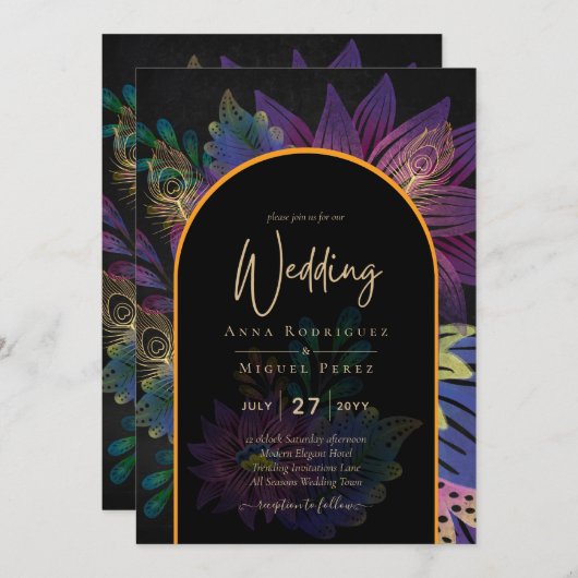 Noir Peacock Jewel Tones Floral Wedding Einladung (Vorne/Hinten)