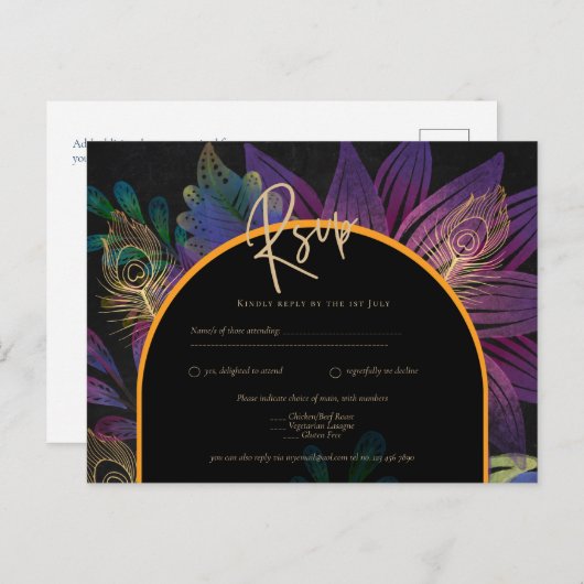 Noir Peacock Jewel Tones Floral Wedding Postkarte (Vorne/Hinten)