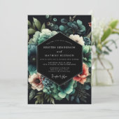 Noir Teal Bloom Hochzeit Einladung (Stehend Vorderseite)