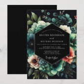 Noir Teal Bloom Hochzeit Einladung (Vorne/Hinten)
