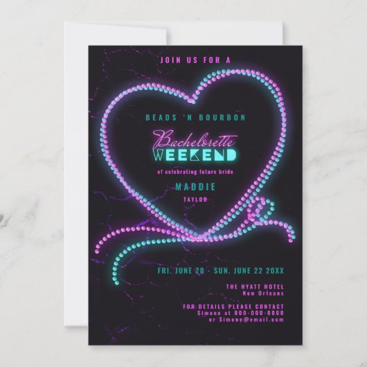 Nola Beads Bourbon Neon Herz Bachelorette Wochenen Einladung (Vorderseite)