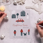 Non photo modern Christmas family winter Feiertagskarte<br><div class="desc">Cute minimalist family no photo seasonal winter holidays card in Scandinavian simple style featuring "Christmas cheer" typography script,  hand drawn people,  houses and trees,  a snowman and a red car.            Easy to personalize with your text and name!</div>