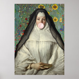 Nonne bläst einen rosa Kaugummi Poster