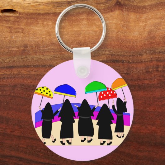 Nonnen mit Regenschirmen "erwartungsvoll Regen" Schlüsselanhänger (Vorderseite)