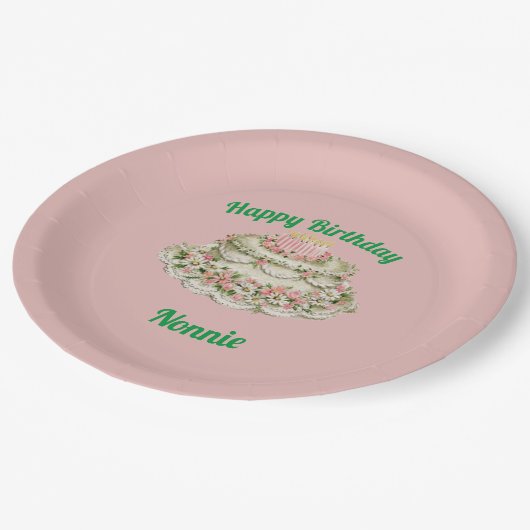 NONNIE ~ VINTAGER GEBURTSTAG CAKE ~ PAPPTELLER (Schrägansicht)