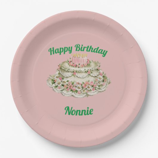 NONNIE ~ VINTAGER GEBURTSTAG CAKE ~  PAPPTELLER (Vorderseite)