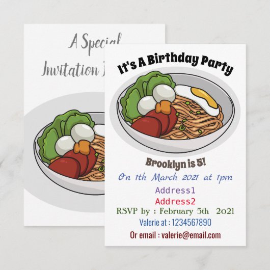 Noodle-Cartoon-Abbildung Einladung (Vorne/Hinten)